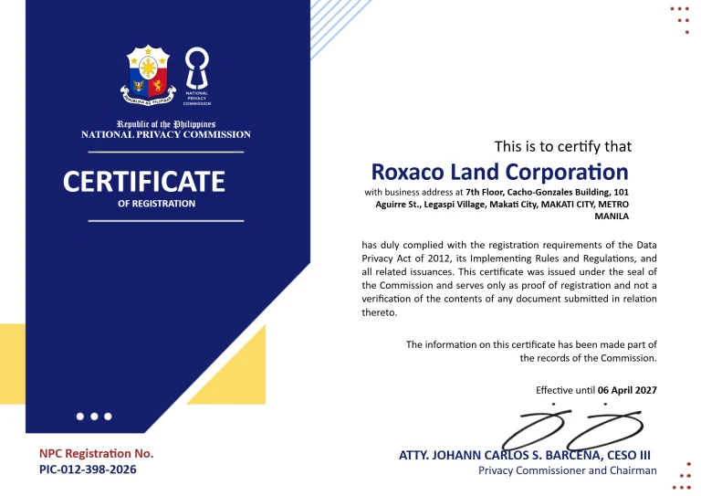 Rlc Npc Certificate Of Registration Roxaco Land Corporation Valid Until April 6 2027